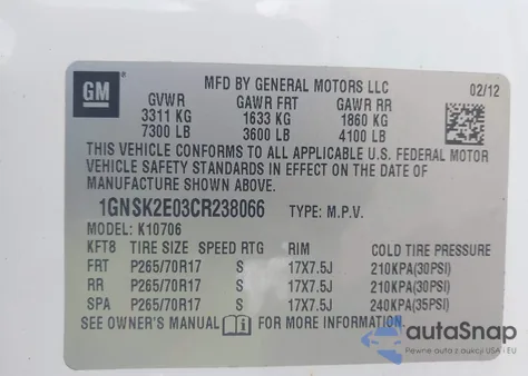 2012 Chevrolet Tahoe Commercial Fleet z USA, uszkodzony, nr VIN 1GNSK2E03CR238066